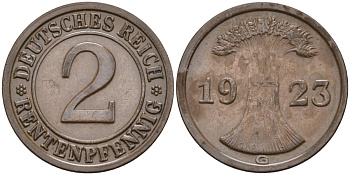 Германия 2 рентенпфеннига 1923 G, выпуск 1924 года KM 31, J.307, Weege 3 медь 4584-613