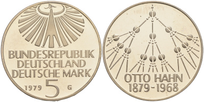 ФРГ 5 марок 1979 G, 100 лет со дня рождения Отто Хана KM 151, J.426 медно-никель плакированный никелем PROOF 02-265-11