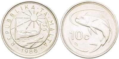 Мальта 10 центов 1986 золотая макрель KM 76 медно-никель 4523-1033