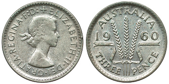 Австралия 3 пенса 1960 m, Елизавета II (1952-2022) KM 57 серебро 71-627