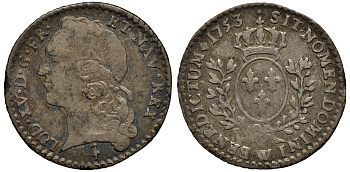 Франция 6 солей 1753 W, Людовик XV KM 510.16 серебро 00-817-09