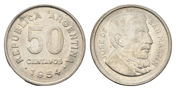 Аргентина 50 сентаво 1954 генерал Хосе де Сан Мартин KM 49 сталь плакированная никелем 4663-616