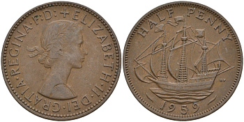 Великобритания 1/2 пенни 1959 Елизавета II (1952-2022) KM 896, Spink 4158 бронза 4146-256