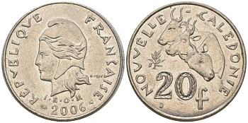 Французская Новая Каледония 20 франков 2006 три быка, (IEOM) KM 12a, Schoen 14a, Lec 115j медно-никель 4131-733