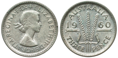 Австралия 3 пенса 1960 m, Елизавета II (1952-2022) KM 57 серебро 71-627