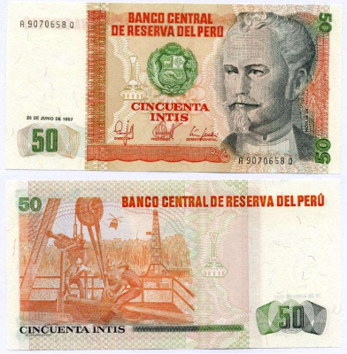 Перу 50 инти 1987 Николас де Пьерола, президент Pick 131 b бумага UNC (пресс) 6262-7-2-1