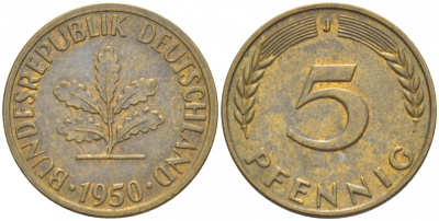 ФРГ 5 ПФЕННИГОВ 1950 J KM 107, J.382 сталь плакированная латунью 4532-615