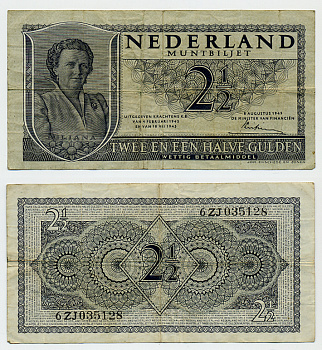 НИДЕРЛАНДЫ 2 1/2 ГУЛЬДЕНА 1945 Pick 71 бумага 444-103-3
