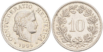 ШВЕЙЦАРИЯ 10 РАППЕНОВ 1994 В KM 27 медно-никель 55-537