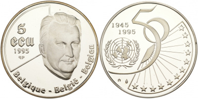 Бельгия 5 экю 1995 50 лет ООН, Король Альберт II KM 200 серебро PROOF 11-037-45