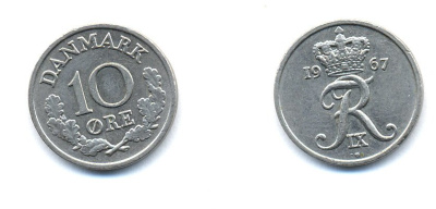 Дания 10 эре 1967 C; S, Фредерик IX (1947-1972) KM 849.1 медно-никель 51-4413