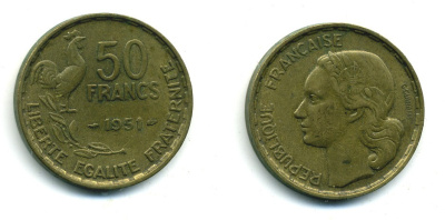 ФРАНЦИЯ 50 ФРАНКОВ 1951 ПЕТУХ KM 918.1, LE FRANC 425.5 алюминиевая бронза 84-834