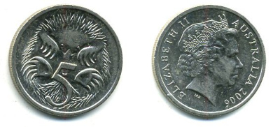 АВСТРАЛИЯ 5 ЦЕНТОВ 2006 ЕЛИЗАВЕТА II, ТРЕТИЙ ПОРТРЕТ, ЕХИДНА KM 401 медно-никель 46-2259