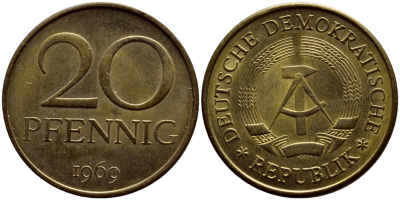ГДР 20 пфеннигов 1969 А, первый год KM 11 латунь UNC 4398-1053