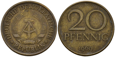 ГДР 20 пфеннигов 1969 А, первый год KM 11 латунь 4601-521