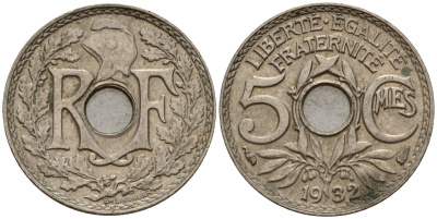 Франция 5 сантимов 1932 KM 875 медно-никель 4189-763