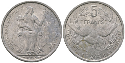 Французская Новая Каледония 5 франков 1952 птица кагу, (IEOM) KM 4, Schoen 4, Lec 71 алюминий 180-325