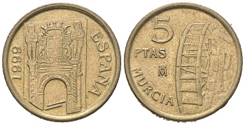 Испания 5 песет 1999 M, Хуан Карлос I (1975-2014), Мурсия KM 1008 алюминиевая бронза 4580-544