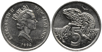 Новая Зеландия 5 центов 1994 Елизавета II (1952-2022), ящерица гаттерия KM 60 медно-никель 105-1152