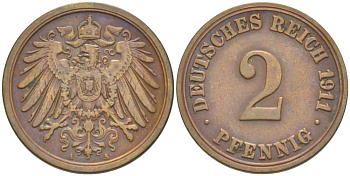 ГЕРМАНИЯ 2 ПФЕННИГА 1911 A KM 16, J. 11, Weege 4 медь 206-567