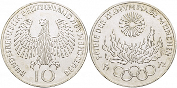 ФРГ 10 марок 1972 J, XX летние Олимпийские игры 1972 года в Мюнхене, олимпийский огонь KM 135, J.405 серебро UNC 3457-411