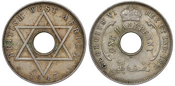 Британская Западная Африка 1/2 пенни 1947 H, Георг VI KM 18 медно-никель 25-1313