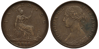 Великобритания 1 фартинг 1866 Виктория (1837-1901) KM 747.2, Spink 3958 бронза 1523-1234