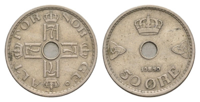 Норвегия 50 эре 1940 Хокон VII (1905-1957) KM 386 медно-никель 4635-355