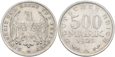 Германия 500 марок 1923 А KM 36, J.305 алюминий 4587-523