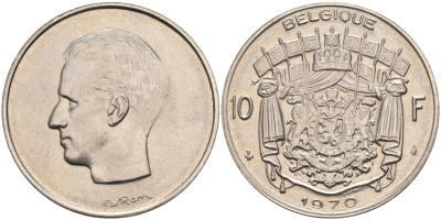 Бельгия 10 франков 1970 Belgique, Бодуэн I (1951-1993) KM 155.1 никель  UNC  4595-554