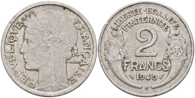 Франция 2 франка 1949 В, тип Morlon KM 886а.2, Le Franc 269.15 алюминий 4126-916