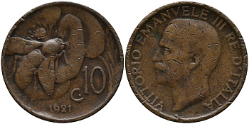 ИТАЛИЯ 10 ЧЕНТЕЗИМО 1921 R, МОНДВОР РИМ, ВИКТОР ЭММАНУИЛ III (1900-1946) KM 60 медь 76-933