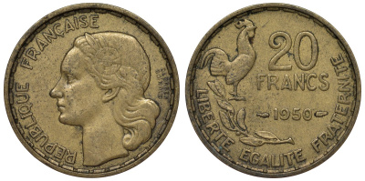 Франция 20 франков 1950 петух, полная надпись, 3 пера KM 916.1, Le Franc 401.2 алюминиевая бронза 4128-527