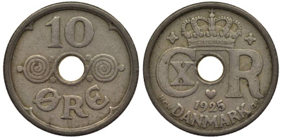 ДАНИЯ 10 ЭРЕ 1925 NCN; GJ, КРИСТИАН X (1912-1947) KM 822.1 медно-никель 4549-861