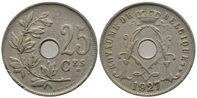 БЕЛЬГИЯ 25 САНТИМОВ 1927 BELGIQUE KM 68.1 медно-никель 83-225
