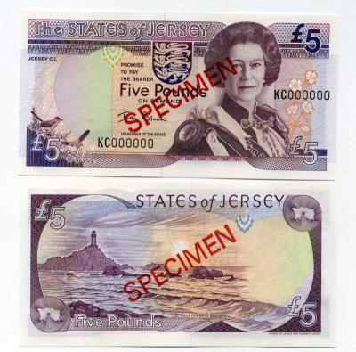 Джерси 5, 10, 20 и 50 фунтов 2000 Елизавета II (1952-2022), образец, SPECIMEN Pick 27s, 28s, 29s, 30s бумага UNC (пресс) 451-20-1