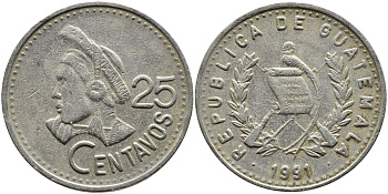 Гватемала 25 сентаво 1991 большая голова, Республика Гватемала KM 278.5 медно-никель 4389-423