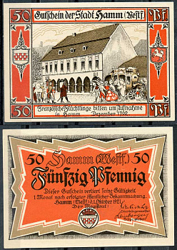 Германия, Хамм 50 пфеннигов 1921 нотгельд, городские виды, красная Grabowski 568.4  бумага  UNC (пресс) 444-87-2-2
