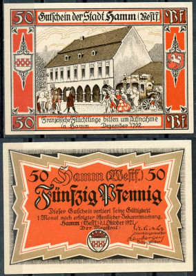 Германия, Хамм 50 пфеннигов 1921 нотгельд, городские виды, красная Grabowski 568.4  бумага  UNC (пресс) 444-87-2-2