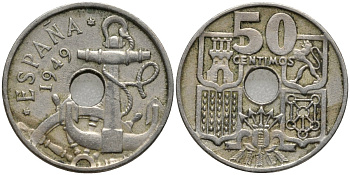 Испания 50 сентимо 1949 (54) Франсиско Франко (1939-1975), морская атрибутика KM 777 медно-никель 4171-426