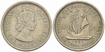 Британские Восточно-Карибские территории 10 центов 1961 Елизавета II (1952-2022), парусник KM 5 медно-никель 105-523