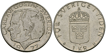 Швеция 1 крона 1977 Карл XVI Густав (1973- ) KM 852 медь плакированная медно-никелем 4171-1232