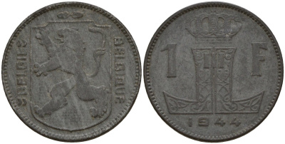 Бельгия 1 франк 1944 Belgie - Belgique, Леопольд III (1934-1947), германская оккупация, Вторая мировая война KM 128 цинк 4161-541