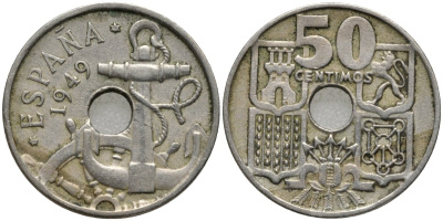 Испания 50 сентимо 1949 (54) Франсиско Франко (1939-1975), морская атрибутика KM 777 медно-никель 4171-426