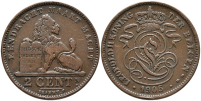 БЕЛЬГИЯ 2 САНТИМА 1905 BELGEN KM 36 медь 4391-356