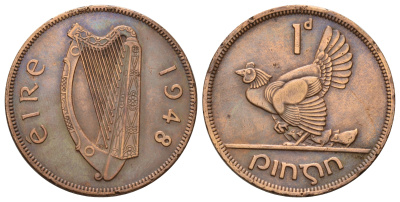 Ирландия 1 пенни 1948 курица с цыплятами KM 11 бронза 4512-1012