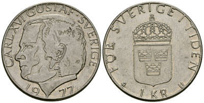 Швеция 1 крона 1977 Карл XVI Густав (1973- ) KM 852 медь плакированная медно-никелем 4171-1232