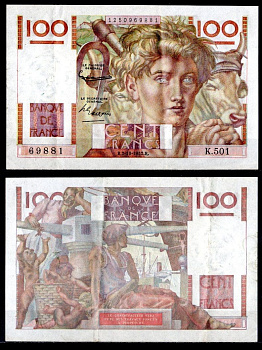 Франция 100 франков 1952 Pick 128 d бумага 7198-23-3-1