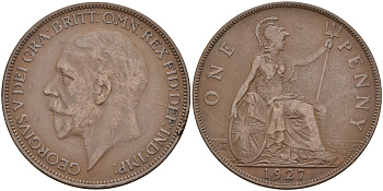 Великобритания 1 пенни 1927 Георг V (1910-1936) КМ 826, Spink 4054 бронза 4590-1215