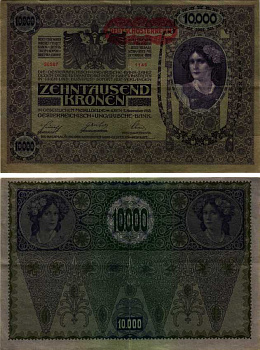 АВСТРИЯ 10000 КРОН 1919 КРАСНАЯ ГОРИЗОНТАЛЬНАЯ НАДПЕЧАТКА НА 1918 Pick 65 бумага VF-XF 3295-123-2